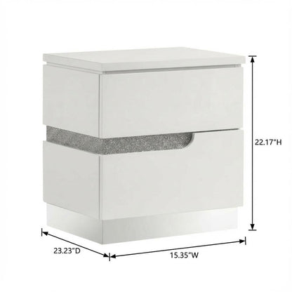 Glam White Nightstand with High-Gloss Finish and Ball Ing Drawers