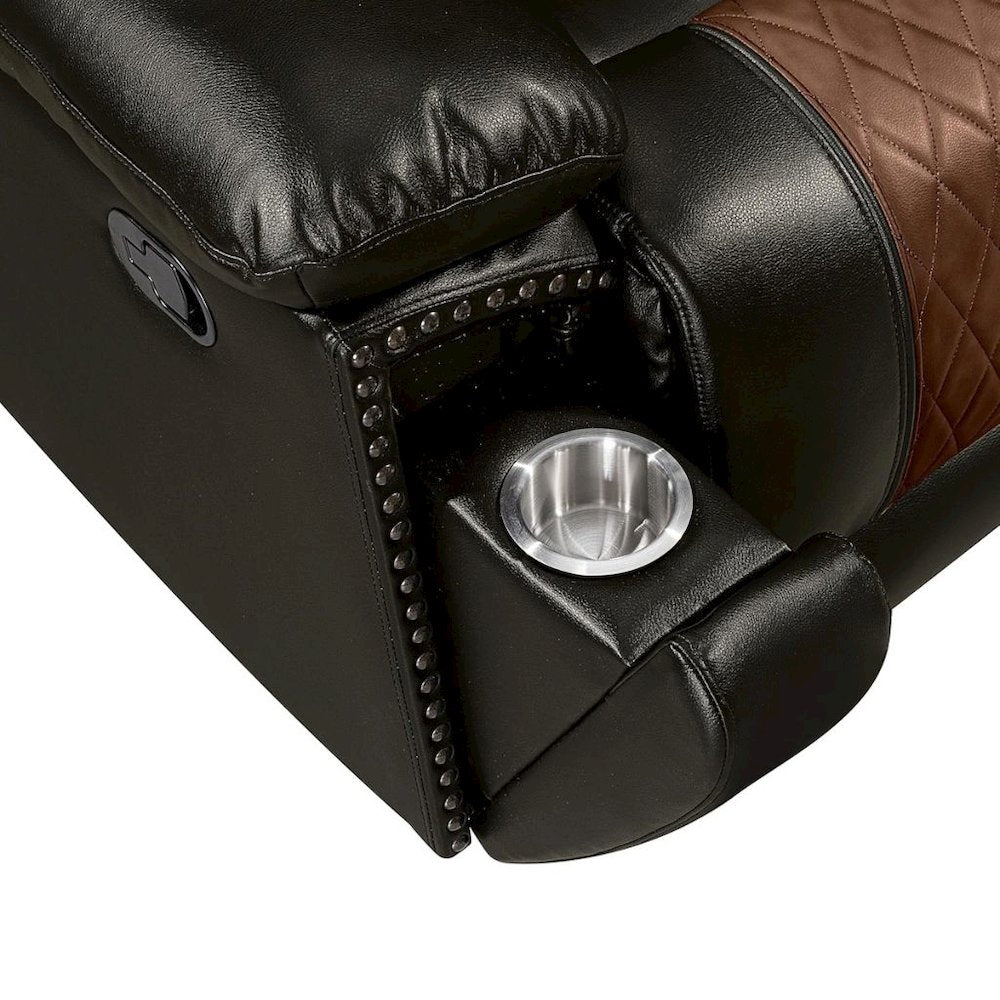Brown Faux Leather Loveseat Recliner Sofa With Cup Holders And Manual Comfort