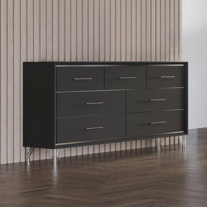 Ava Wood 7 Metal Glide Drawers Dresser in Ebony Black