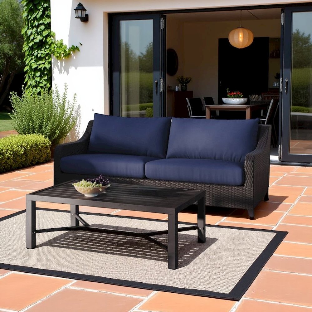 Outdoor Loveseat with Slatted Table, Patio Furniture Set of 2 with Blue Cushions