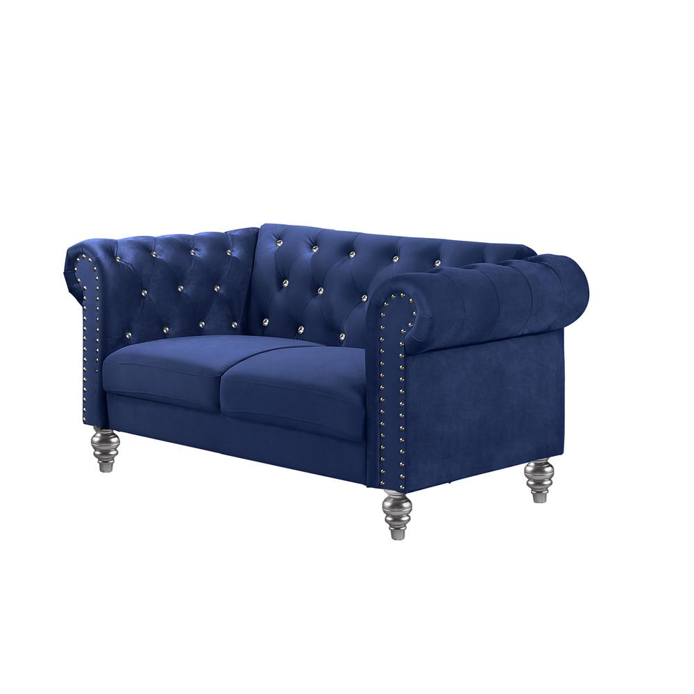 Furniture Emma Velvet Fabric Loveseat with Rolled Arms in Royal Blue