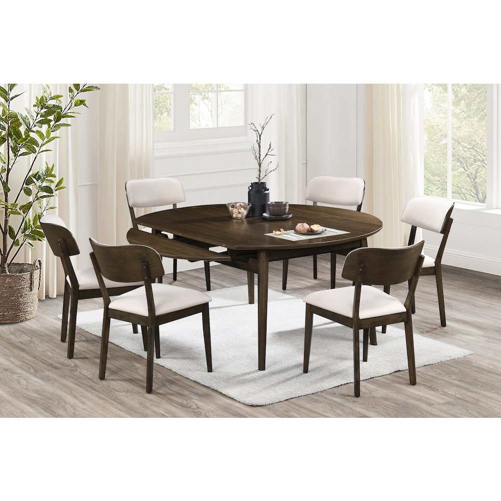 Rex 7-Piece Wood Round Dining Set with Leaf Table, Walnut