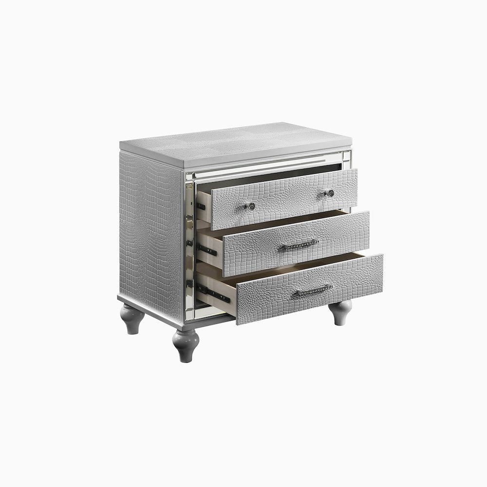 Valentino Wood 3-Drawer Nightstand in Silver