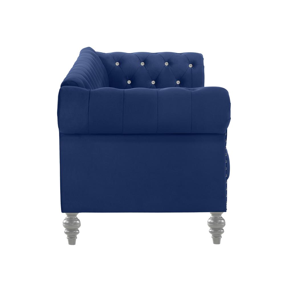 Furniture Emma Velvet Fabric Loveseat with Rolled Arms in Royal Blue