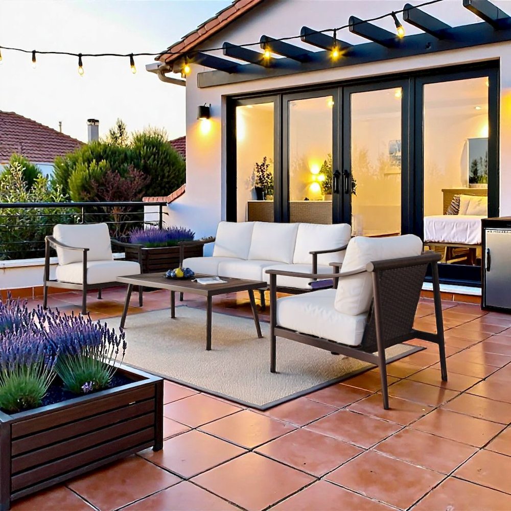 Ivory Outdoor Patio Conversation 4 pc Set - Sofa, 2 Club Chairs, Coffee Table