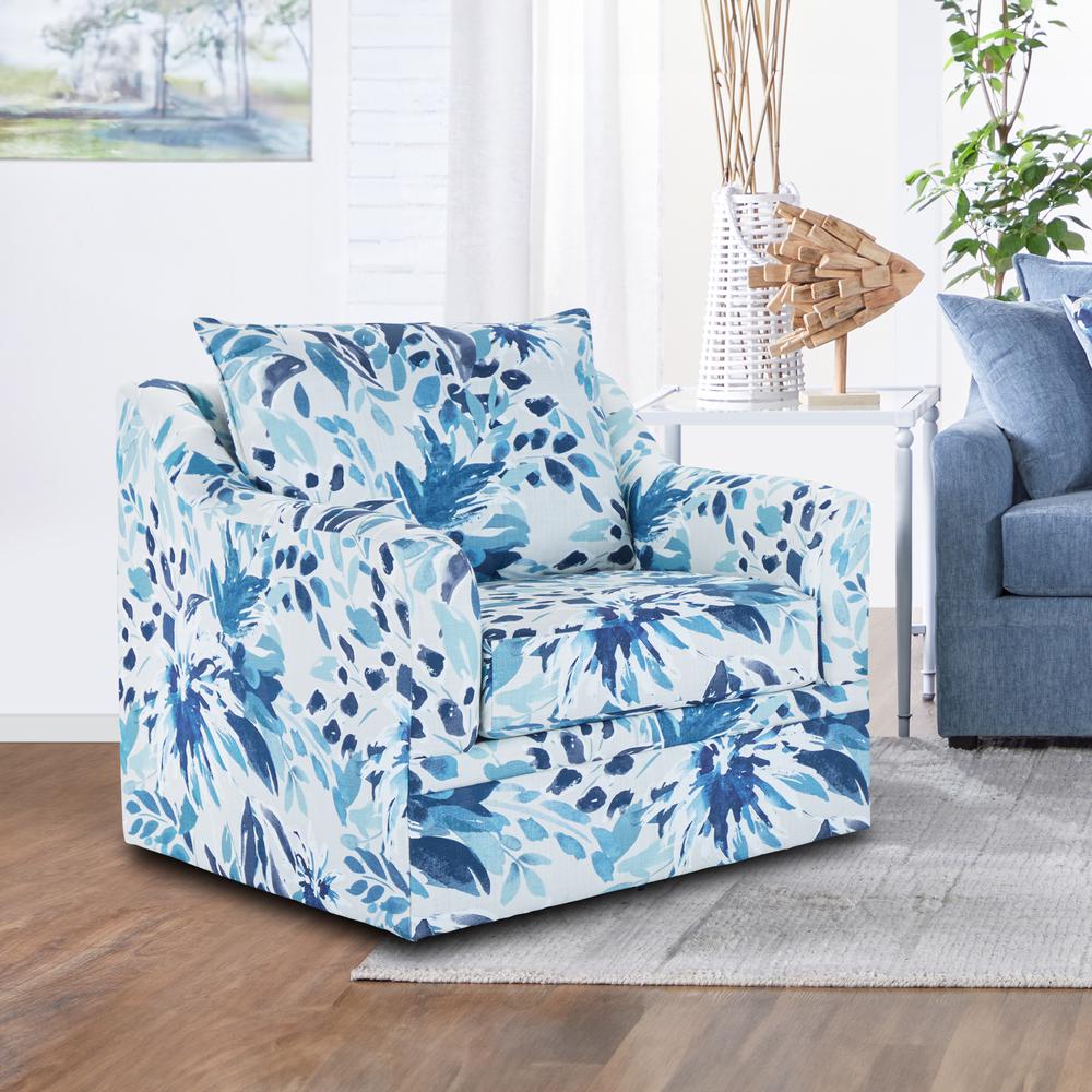 Sylvie Blue and White Polyester Fabric Accent Swivel Chair