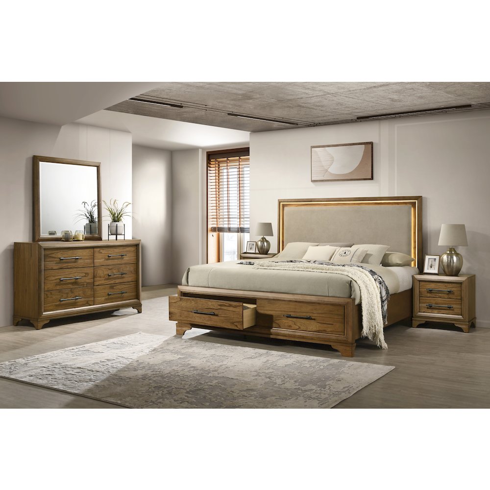 Talcott 5Pc Wood King Bedroom Set, 2 Nightstand in Honey/Brown
