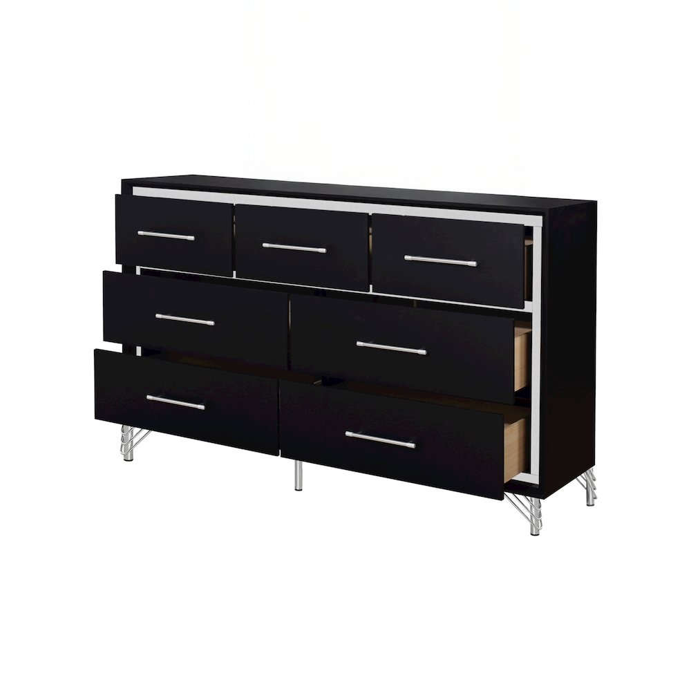 Ava Wood 7 Metal Glide Drawers Dresser in Ebony Black