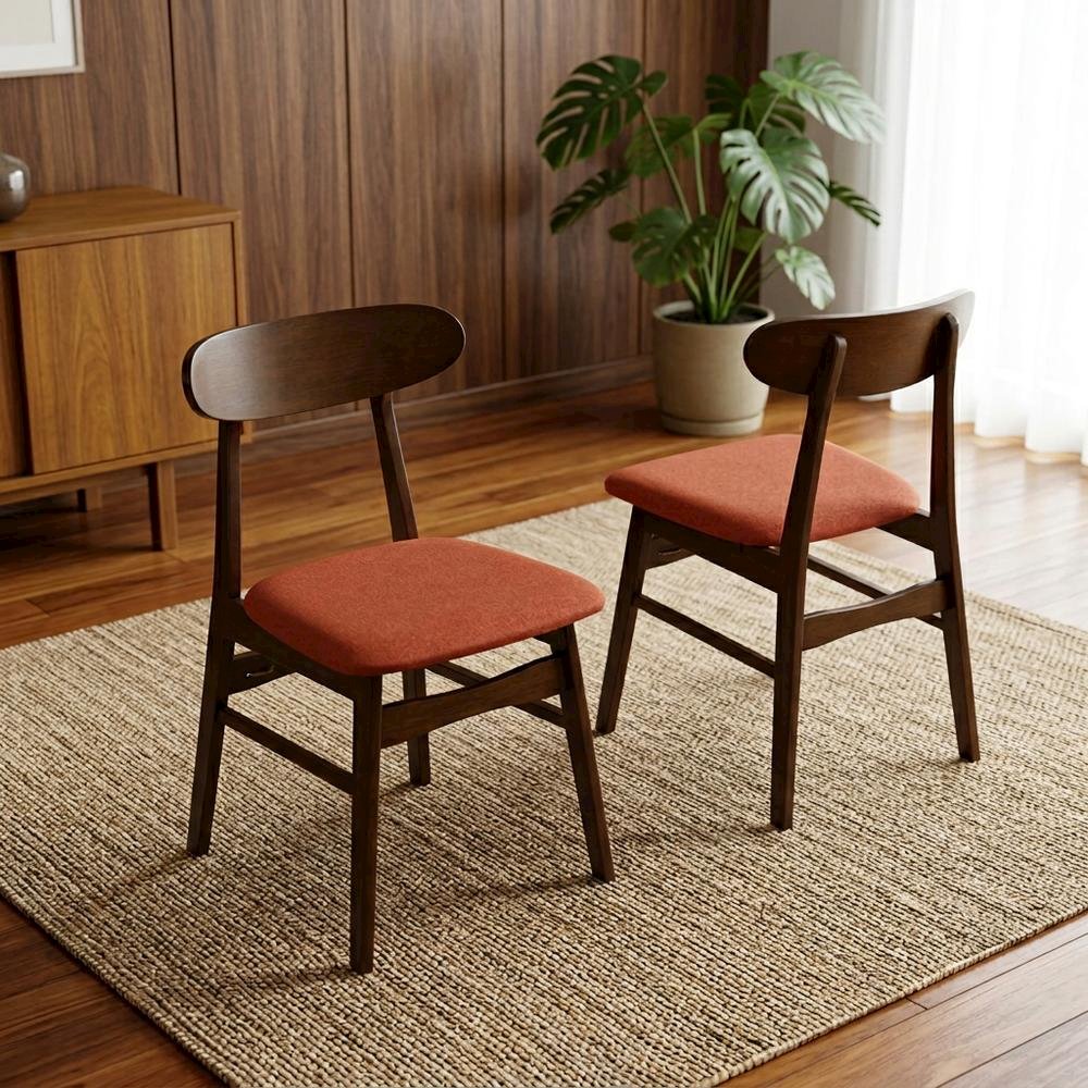 Mid-Century Modern Wood Dining Chair with Cushioned Seat, Orange, Set of 2