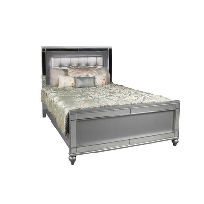 Furniture Valentine Solid Wood King Size Lighted Bed in Silver