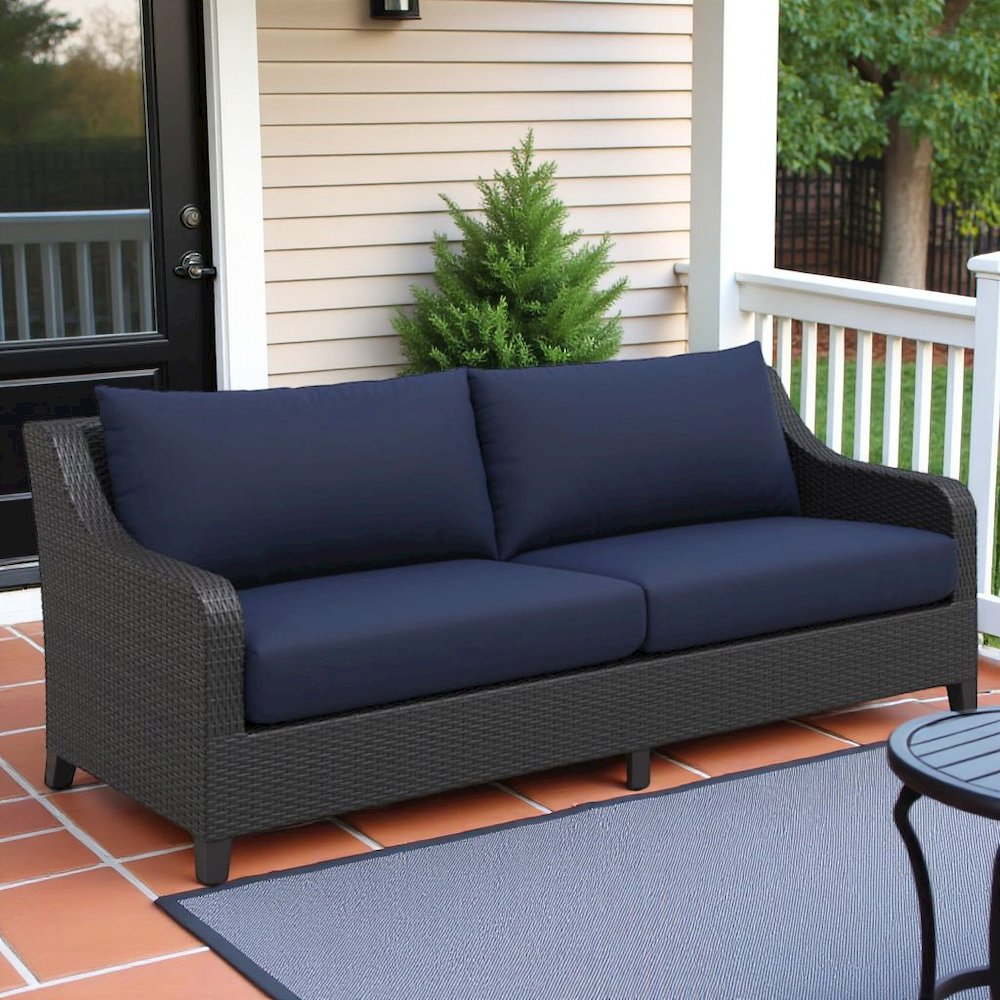 Outdoor Loveseat with Slatted Table, Patio Furniture Set of 2 with Blue Cushions