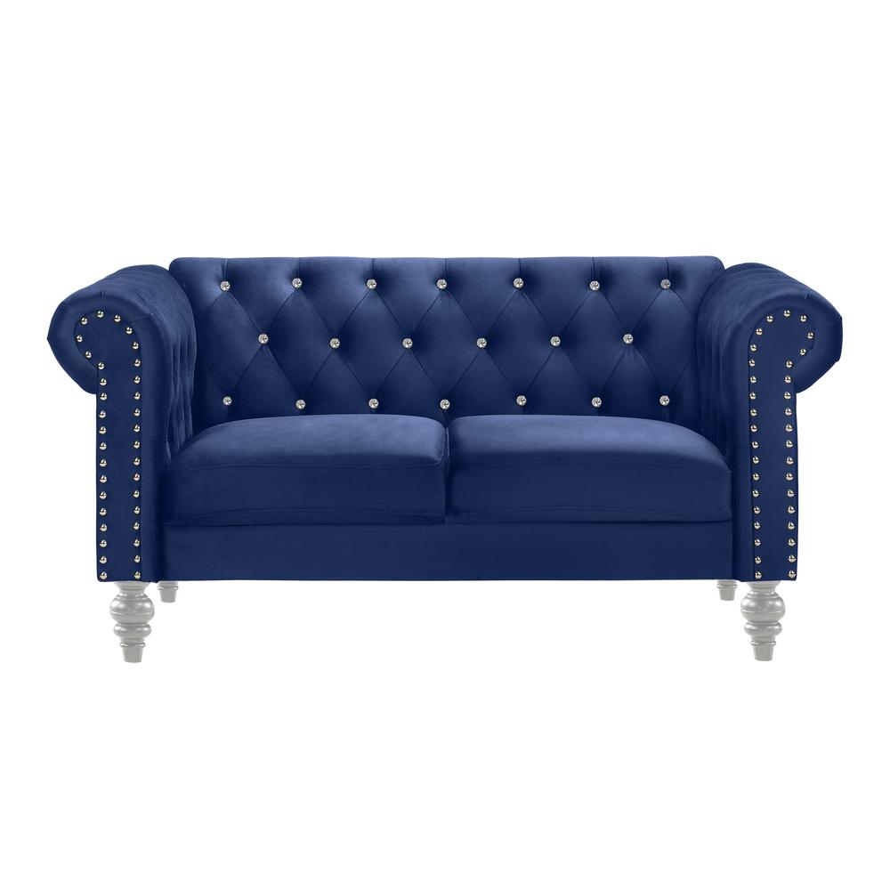 Furniture Emma Velvet Fabric Loveseat with Rolled Arms in Royal Blue