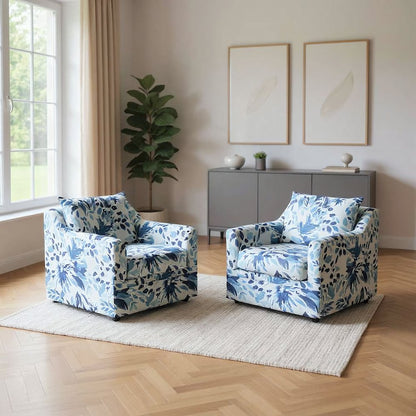 Sylvie Fabric Swivel Chair in Blue and White (Set of 2)