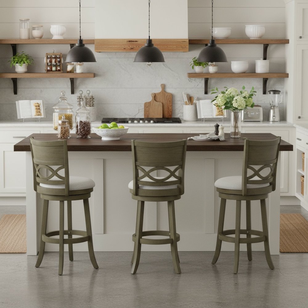 Wood Swivel Bar Stool Set of 2 Gray Fabric