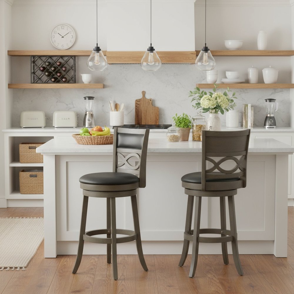 Gray Wood Swivel Bar Stool Set of 2, PU Seat, Reinforced Footrest