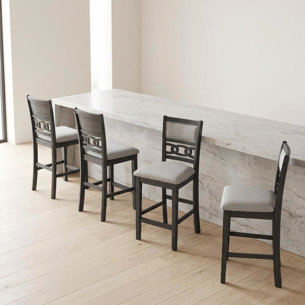 Solid Wood Counter Height Bar Stools, Upholstered Back, Gray, Set of 4