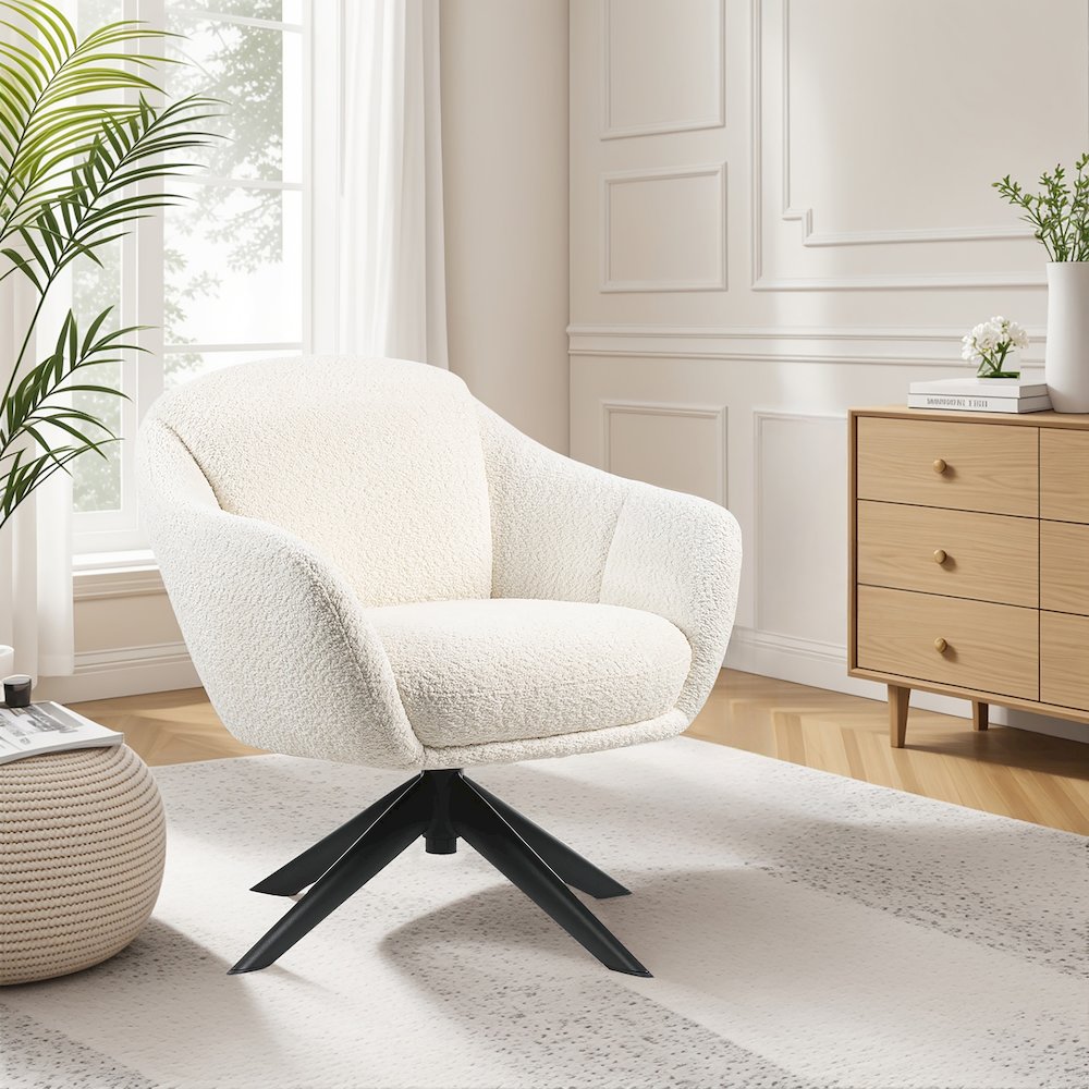 Fleming Metal and Fabric Swivel Lounge Chair in Ivory