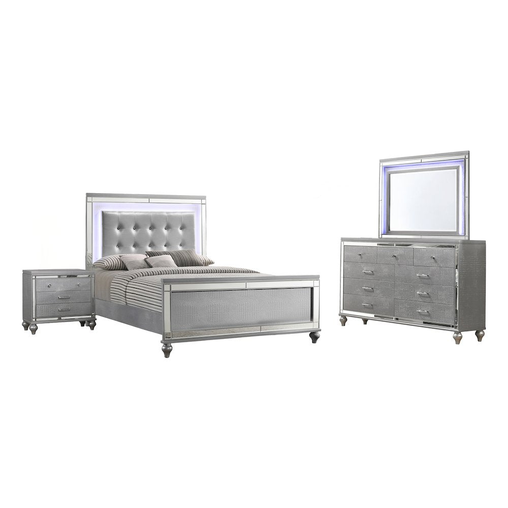 Valentine 4-Piece Wood Queen Bedroom Set with Nightstand in Silver