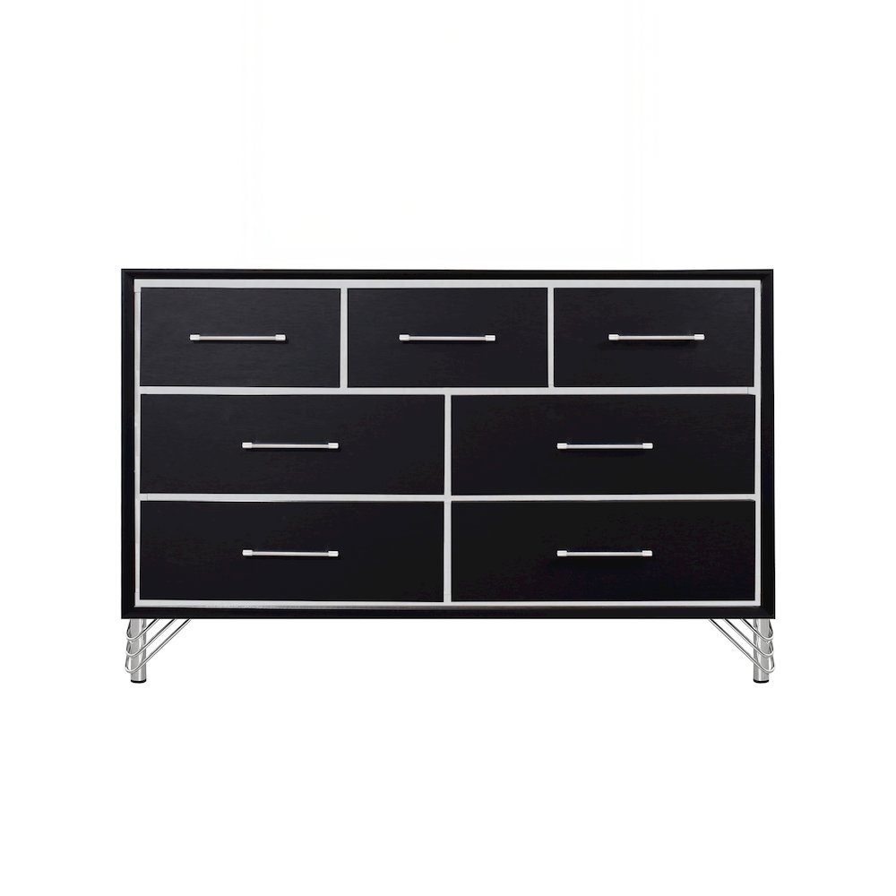 Ava Wood 7 Metal Glide Drawers Dresser in Ebony Black