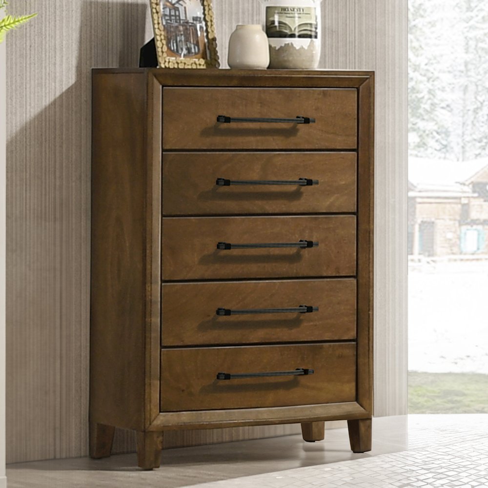 Ballard Wood 5-Drawer Chest in Walnut Brown