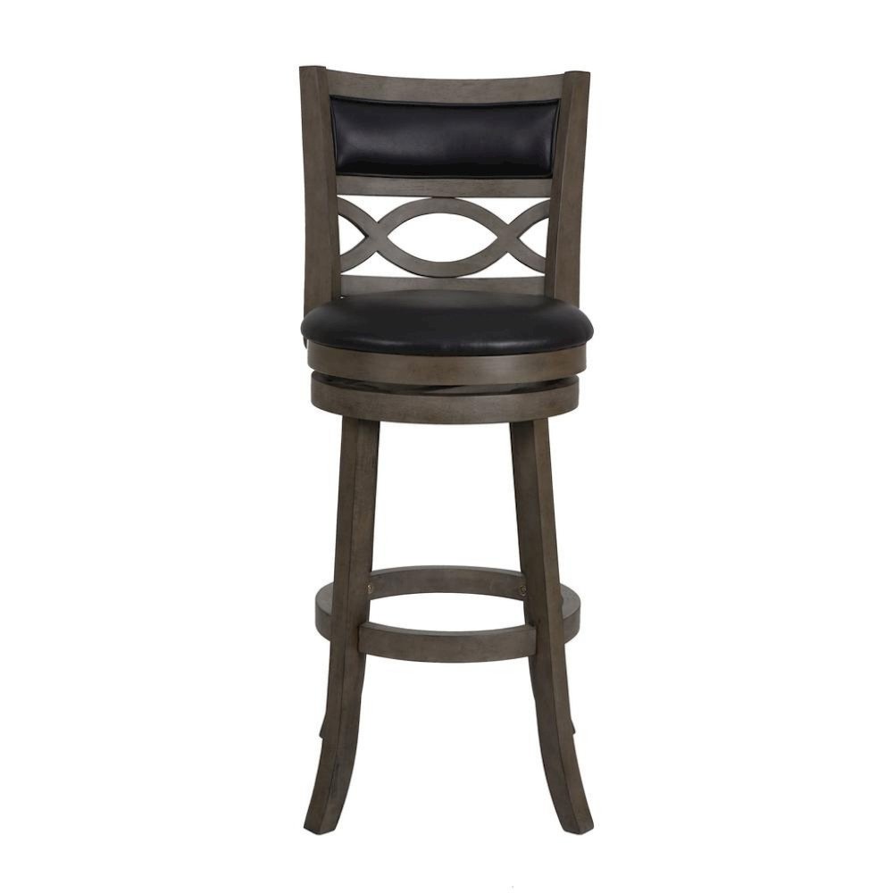 29" Wood Swivel Bar Stool, Black PU Seat, Reinforced Footrest, Anti-Gray
