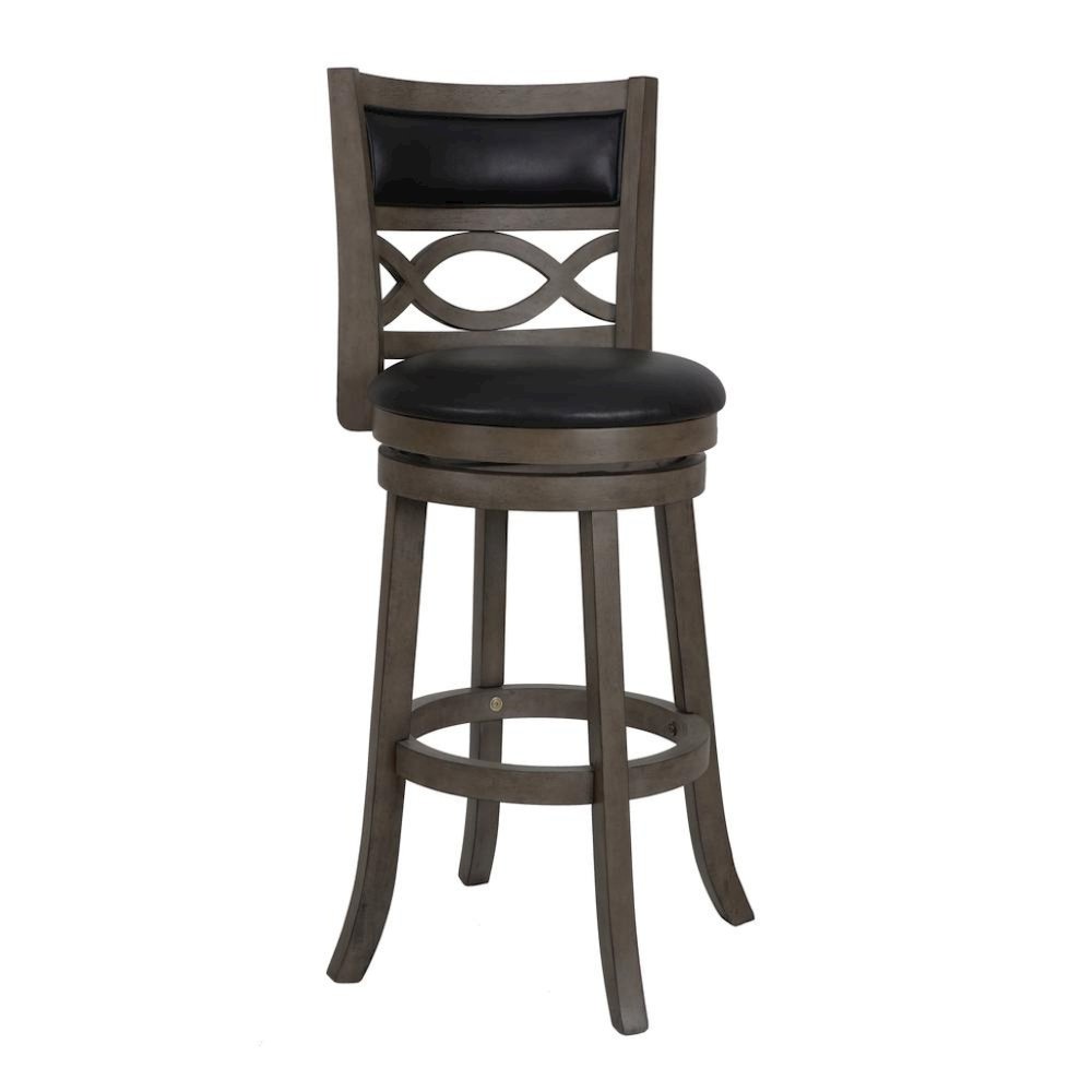 29" Wood Swivel Bar Stool, Black PU Seat, Reinforced Footrest, Anti-Gray