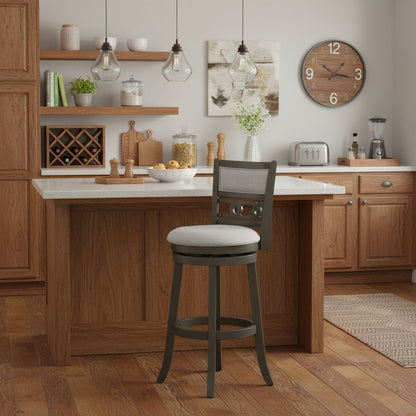 29" Solid Wood Swivel Bar Stool, Gray Fabric Seat, Sleek Design
