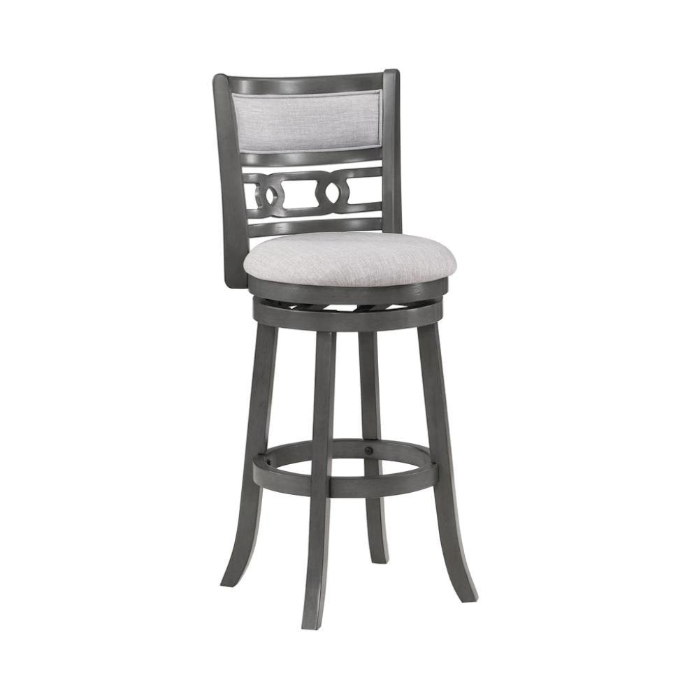 29" Solid Wood Swivel Bar Stool, Gray Fabric Seat, Sleek Design
