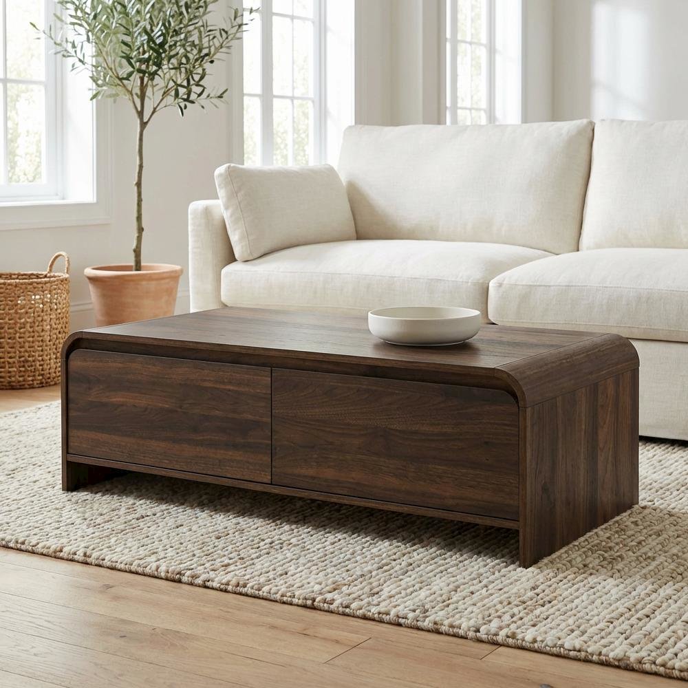 Walnut Rectangular Coffee Table with Metal Base and Cam Bolt Design