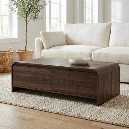 Walnut Rectangular Coffee Table with Metal Base and Cam Bolt Design