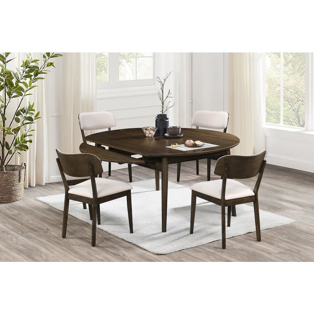Rex 5-Piece Wood Round Dining Set with Leaf Table, Walnut