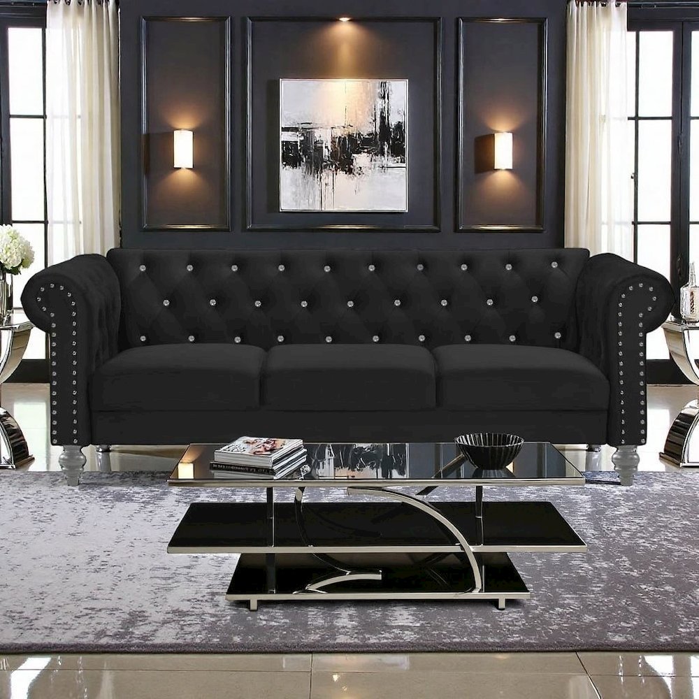 Black Velvet Sofa with Rolled Arms – Elegant Velvet Couch for Living Room