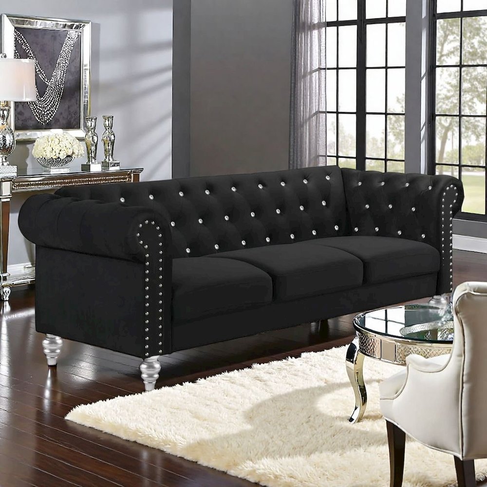 Black Velvet Sofa with Rolled Arms – Elegant Velvet Couch for Living Room