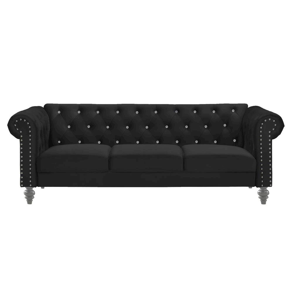 Black Velvet Sofa with Rolled Arms – Elegant Velvet Couch for Living Room