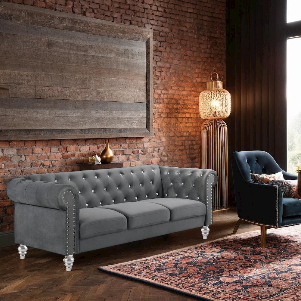 Velvet Fabric Sofa with Rolled Arms in Gray, Elegant Living Room Seating