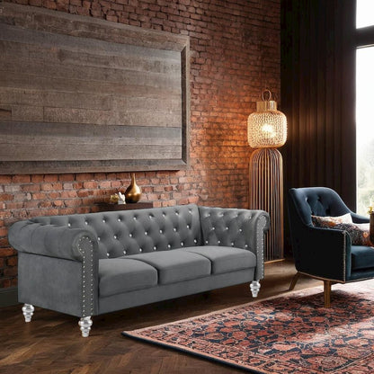 Velvet Fabric Sofa with Rolled Arms in Gray, Elegant Living Room Seating