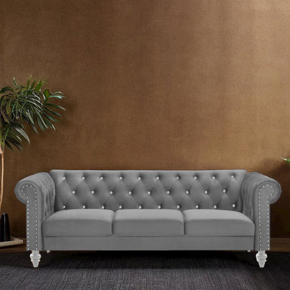 Velvet Fabric Sofa with Rolled Arms in Gray, Elegant Living Room Seating