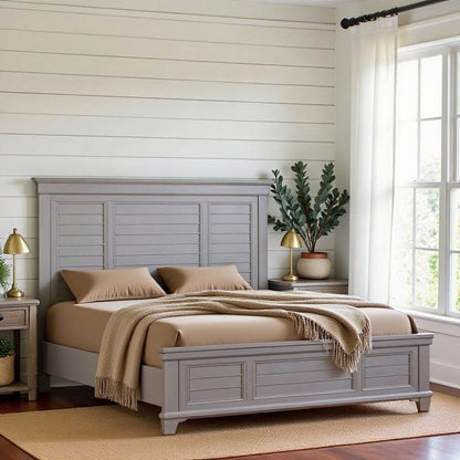 Gray California King Bed Frame, Solid Wooden Bed with Elegant Headboard