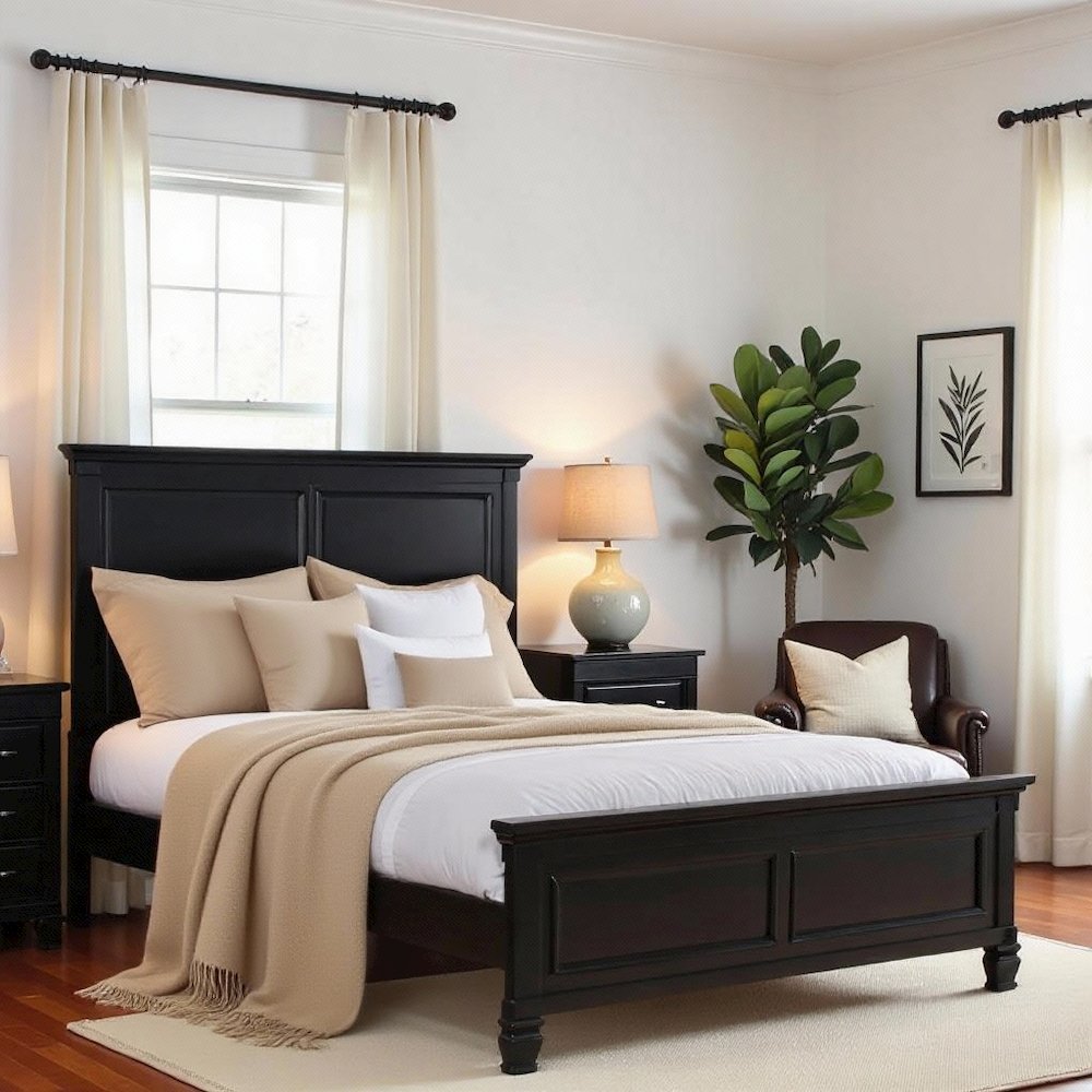 Black Wood Bed Frame, Modern Farmhouse Twin Bed with Paneled Headboard