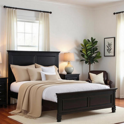 Black Wood Bed Frame, Modern Farmhouse Twin Bed with Paneled Headboard
