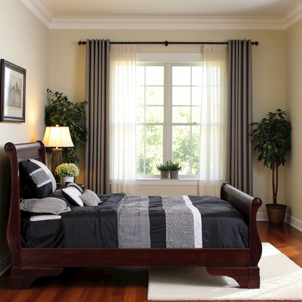Brown Cherry Farmhouse Full Size Bed Frame with Elegant Wooden Headboard