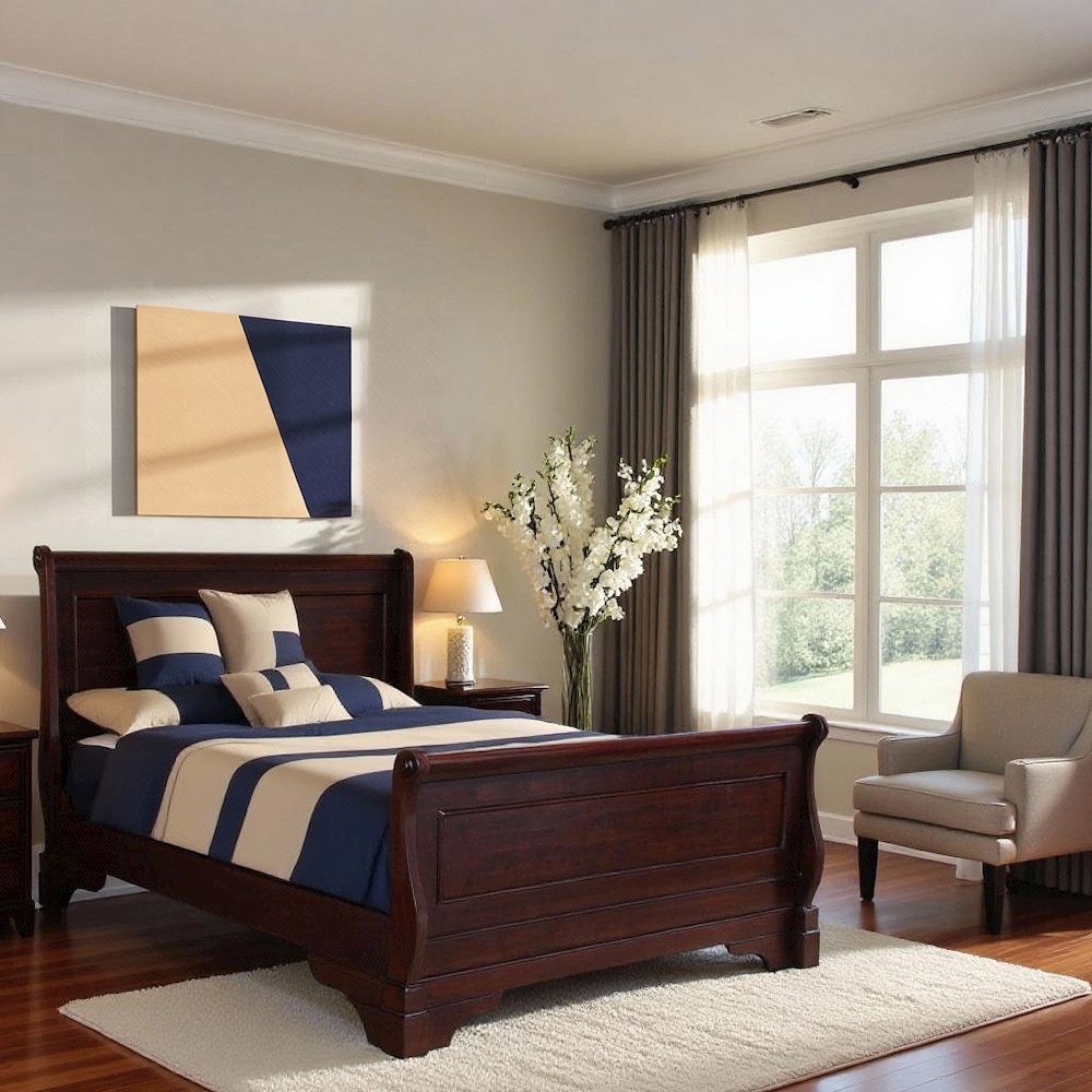 Brown Cherry Farmhouse Full Size Bed Frame with Elegant Wooden Headboard