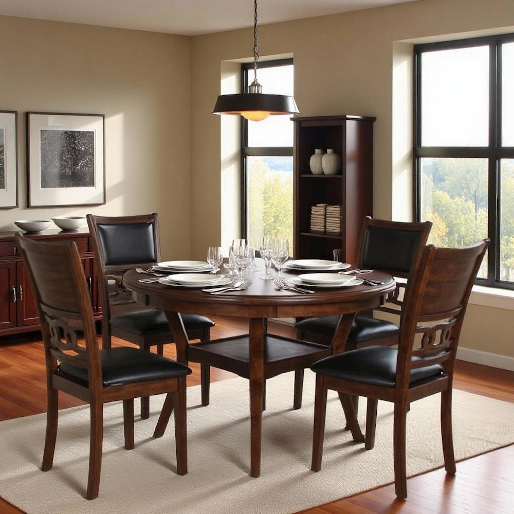 Warm Brown Solid Wood Dining Table with 4 Chairs, 47" Round Table with Storage