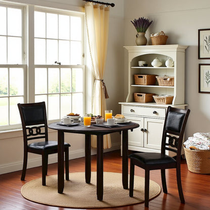 Brown Drop Leaf Table and Chairs Set, Compact Round Dining Table with 2 Chairs