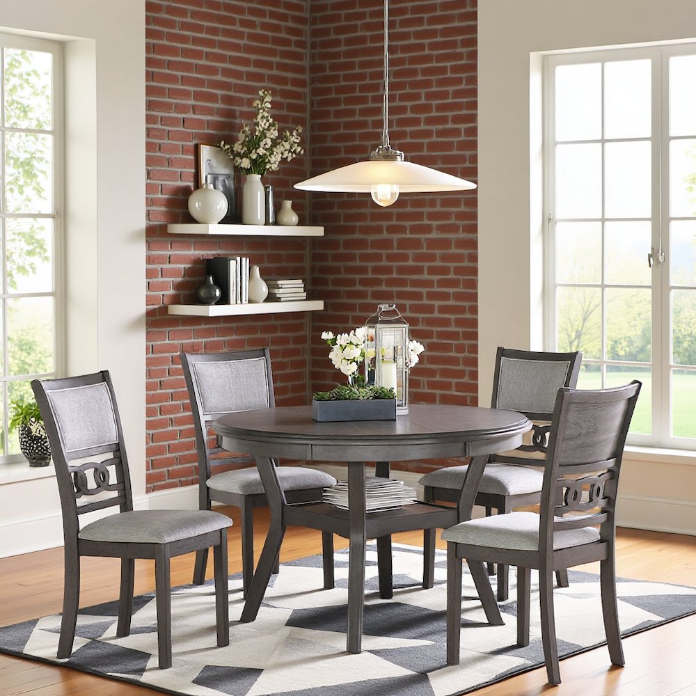 Gray Solid Wood Dining Table with 4 Chairs, 47" Round Table with Storage