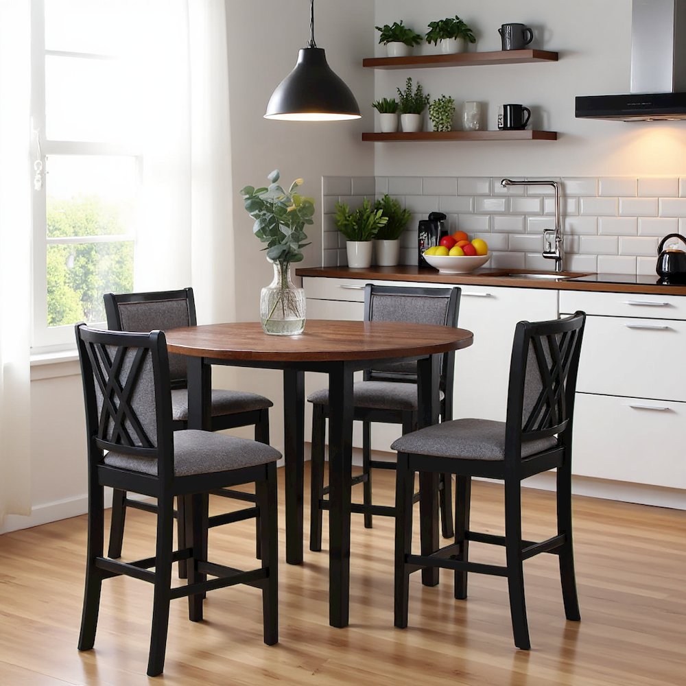 Black Round Dining Table with 4 Chairs, Solid Wood Dinner Table Set