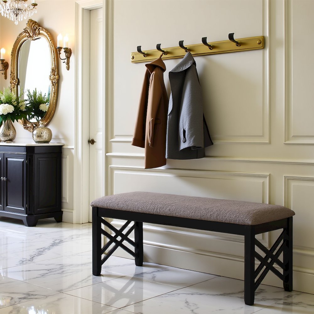 Black Solid Wood Upholstered Bench For Dining Room With Rustic Finish