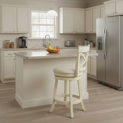 24-Inch Wood Counter Stool 360 Swivel Fabric Seat Ant White