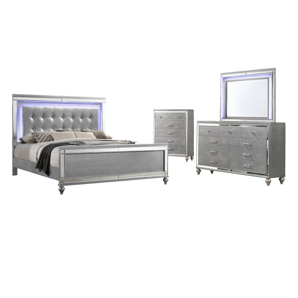 Valentine 4-Piece Wood King Bedroom Set with Chest in Silver