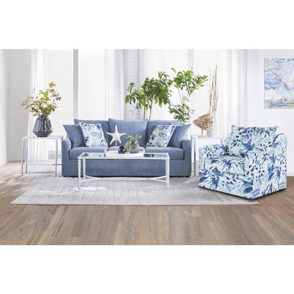 Sylvie Blue and White Polyester Couch and Swivel Chair Set